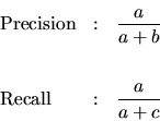 \begin{displaymath}
\begin{array}{lcl}
\mathrm{Precision} & : & \dfrac{a}{a+b}\\
& &\\
\mathrm{Recall} & : & \dfrac{a}{a+c}\\
\end{array}\end{displaymath}